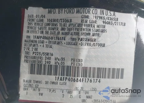 2004 Ford Mustang из США, поврежденный, VIN 1FAFP40684F176174